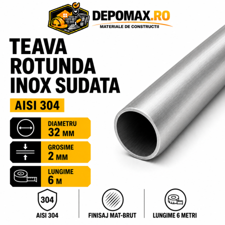Teava rotunda inox sudata AISI 304, 32 x 2 mm, 6 metri